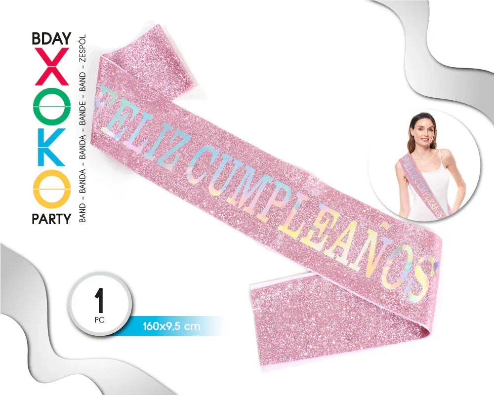 BANDA FELIZ C GLITTER ROSA LASER - yupiparty