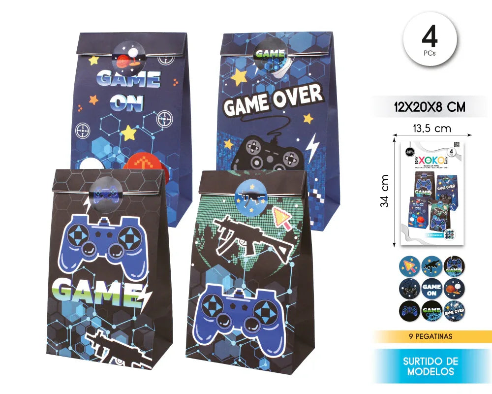 BOLSAS PAPEL CON PEGATINA 4PC GAME - yupiparty