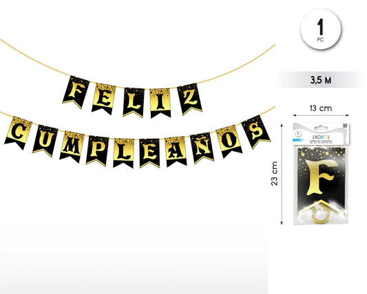 GUIRNALDA FELIZ CUMPLEAÑOS BLACK GOLD - yupiparty