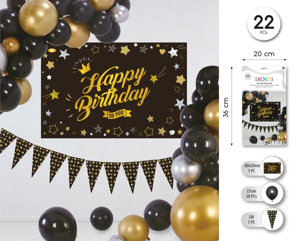 SET DECORACION POSTER BALCK GOLD 20PC - yupiparty