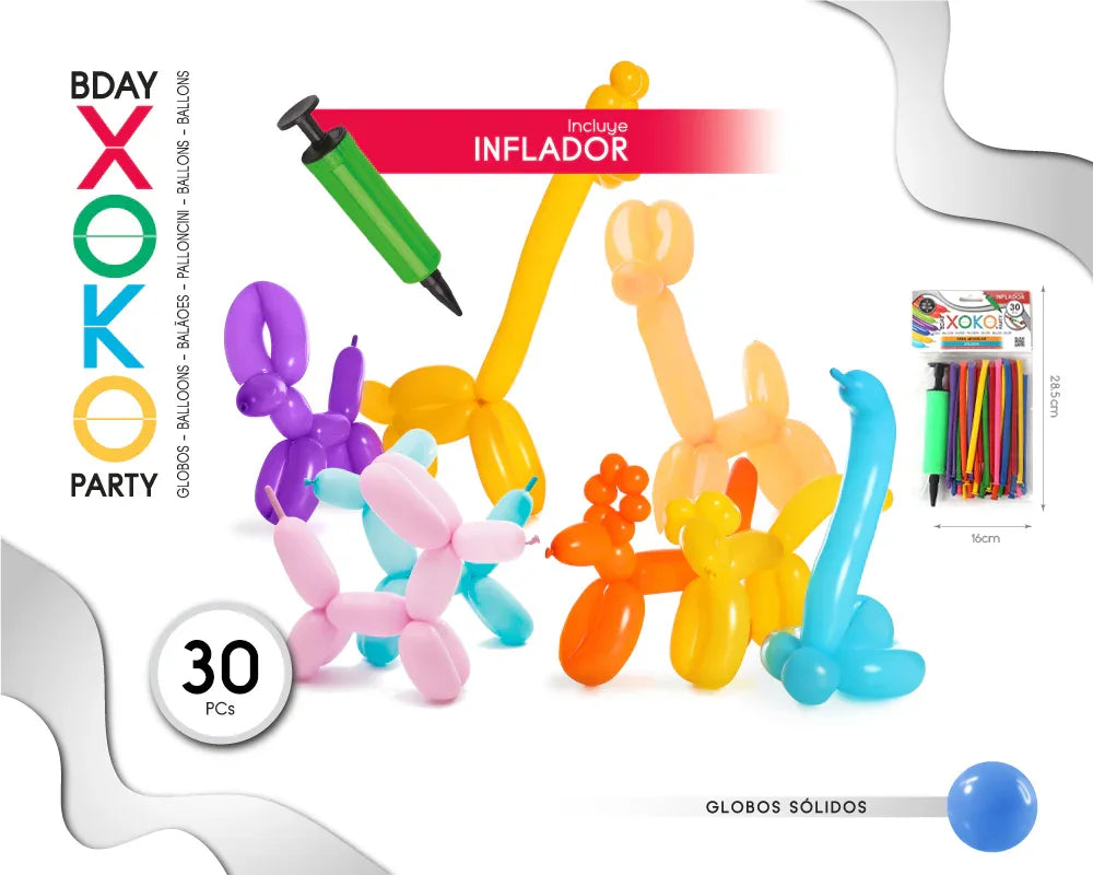 GLOBOS DE MODELAR 30 PC + INFLADOR - yupiparty