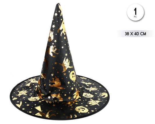 SOMBRERO DE BRUJA PRINT ORO - yupiparty