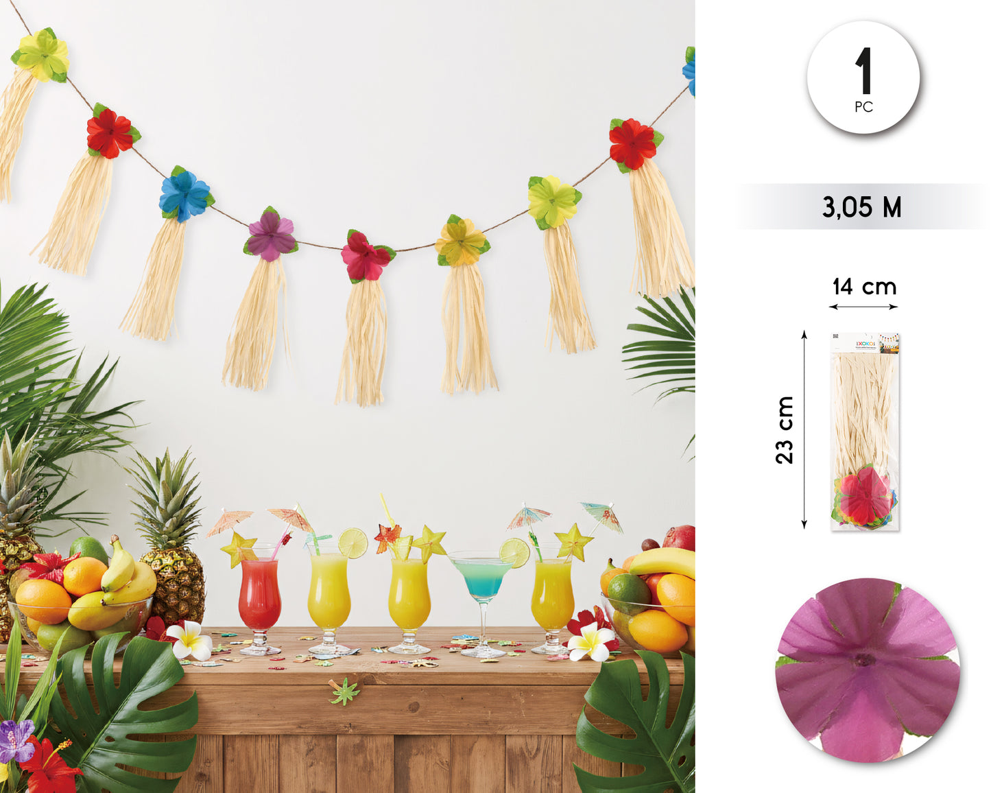 GUIRNALDA DE FLORES HAWAIANAS CON FLECO 3M