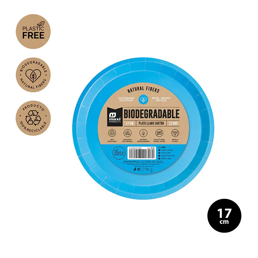 PLATO LLANO BIODEGRAD. AZUL 17CM CARTON - yupiparty