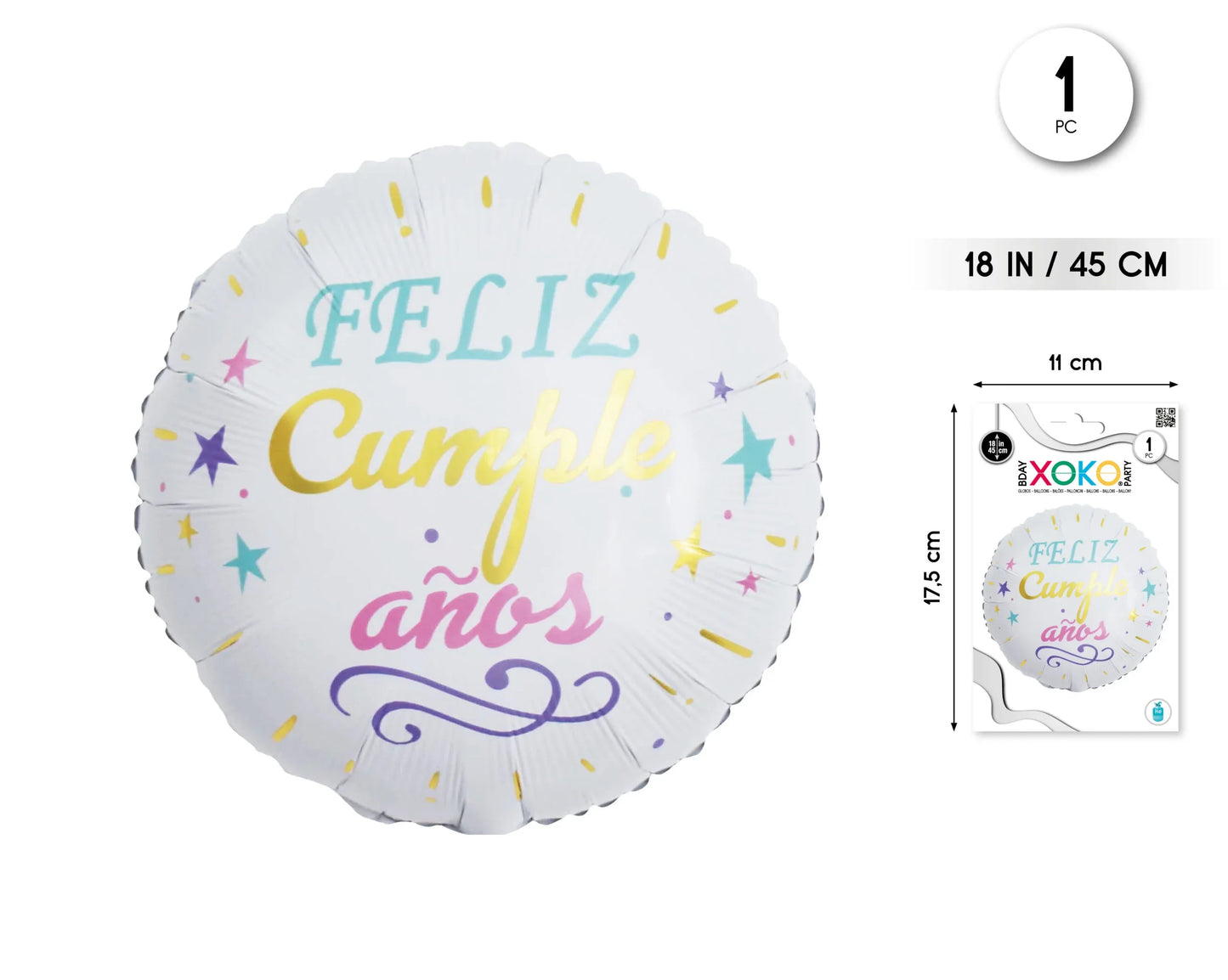 GLOBO FOIL REDONDO 18/45CM FELIZ CUMPLE - yupiparty