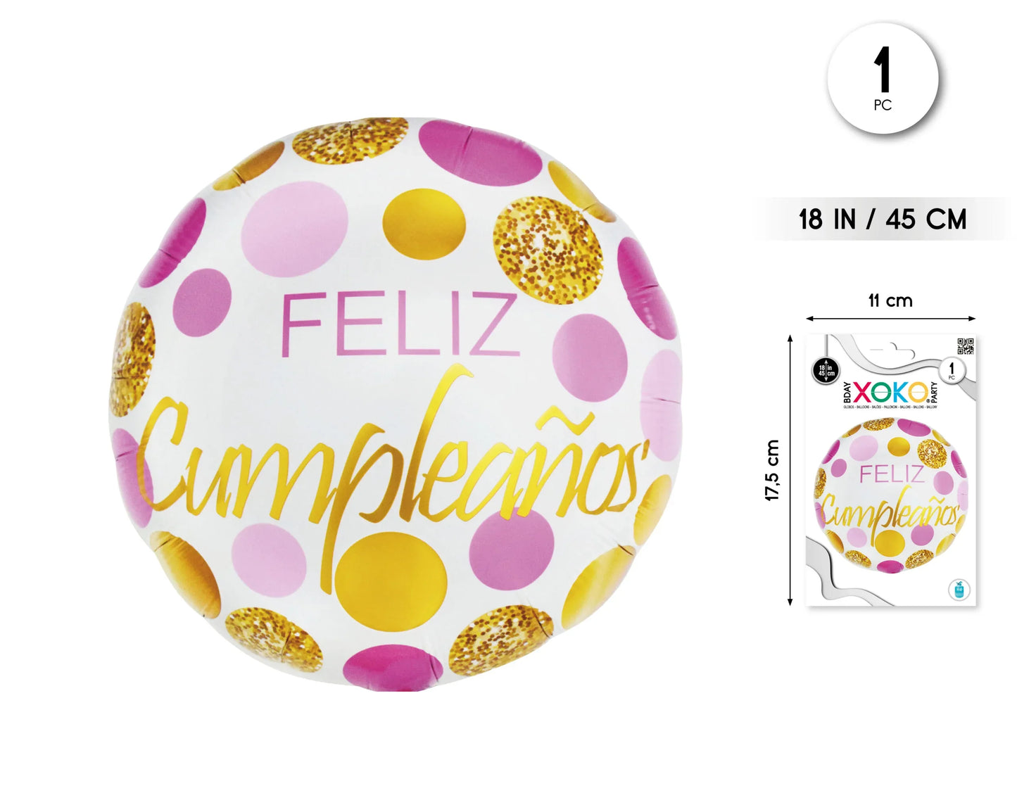 GLOBO FOIL REDONDO 18/45CM FELIZ CUMPLE - yupiparty