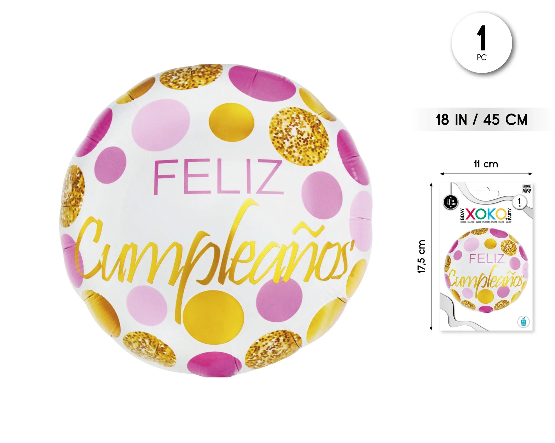GLOBO FOIL REDONDO 18/45CM FELIZ CUMPLE - yupiparty