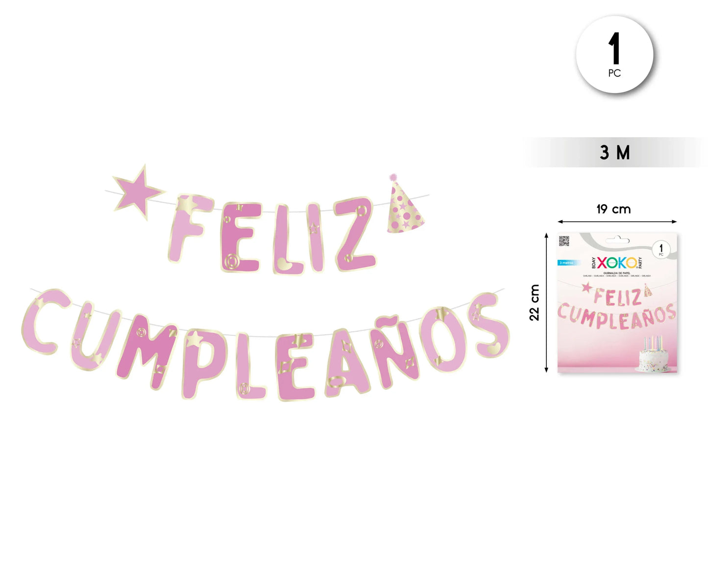 GUIENALDA FELIZ CUMPLE ROSA DORADO 3M - yupiparty