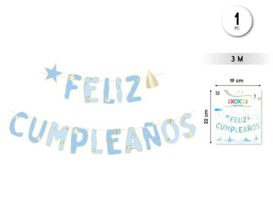GUIRNALDA FELIZ CUMPLE AZUL DORADO 3M - yupiparty