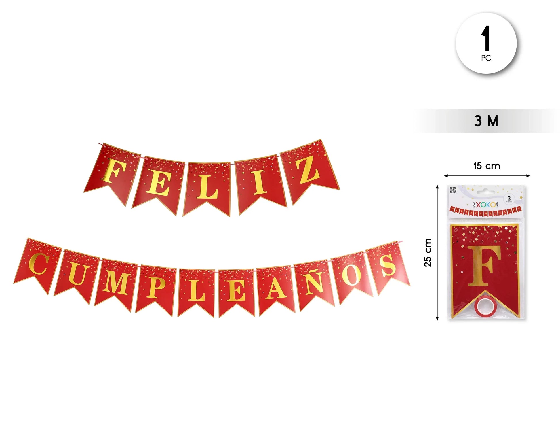 GUIRNALDA FELIZ CUMPLE ROJO DORADO 3M - yupiparty