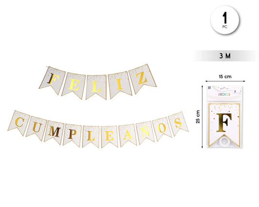 GUIRNALDA FELIZ CUMPLE BLANCO DORADO 3M - yupiparty