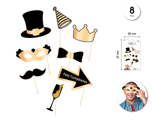 SET PHOTOCALL FELIZ CUMPLE ORO NEGRO 8PC - yupiparty