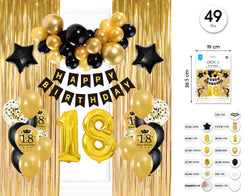 SET BANDERINES CON GLOBOS HAPPY BDAY 18 ORO NEGRO 49PCS