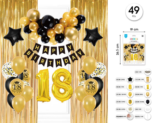 SET BANDERINES CON GLOBOS HAPPY BDAY 18 ORO NEGRO 49PCS
