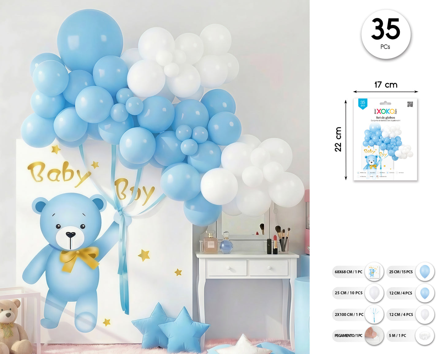 SET DECORACION CON GLOBOS POSTER BABY BOY 35PCS