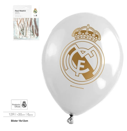 REAL MADRID GLOBOS LATEX BLANCO  ESCUDO ORO R12 6PCS