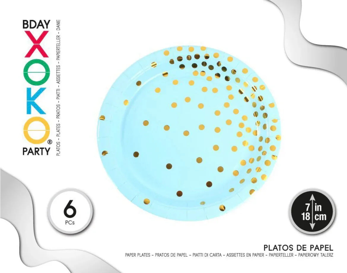 PLATO 7/18CM AZUL CON LUNAR ORO - yupiparty