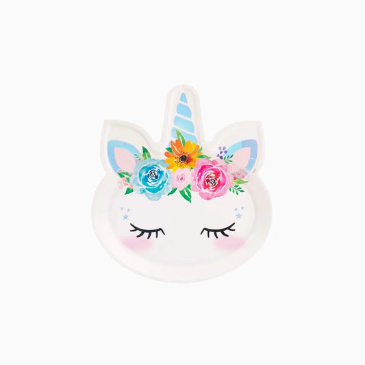 PLATO FORMA UNICORNIO IRID. 20X22CM 6U - yupiparty