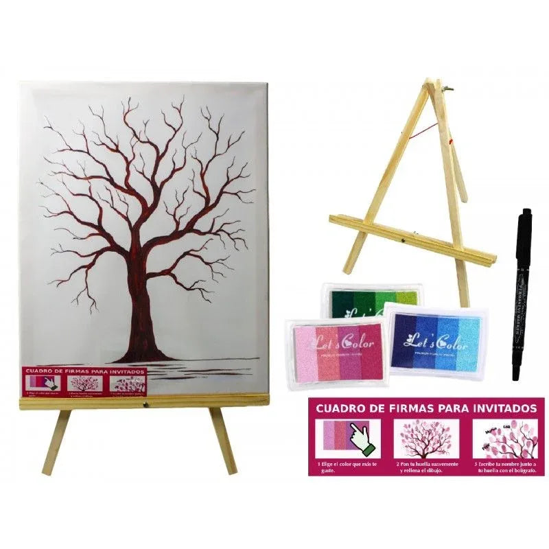 LIENZO ÁRBOL DE LAS HUELLAS CON CABALLETE, PINTURAS Y BOLÍGRAFO PARA FIRMAS. COLOR DE LA TINTA ROSA - yupiparty